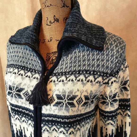Vintage Blue & White Front Zip Sweater Cardigan Nordic Snowflake Ramie Cotton S - Picture 2 of 12